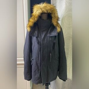 Men’s MARC NEW YORK XL- gently used Wool zip up coat w/removable fur trim hood.